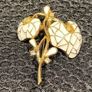 Polcini Gold and Cream Floral Enamel Brooch - Vintage Mid-Century